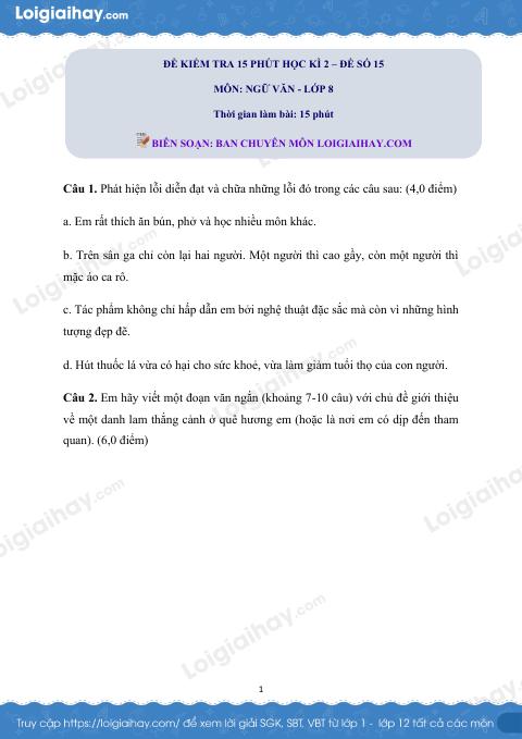 Đề kiểm tra 15 phút Văn 8 - Đề số 15